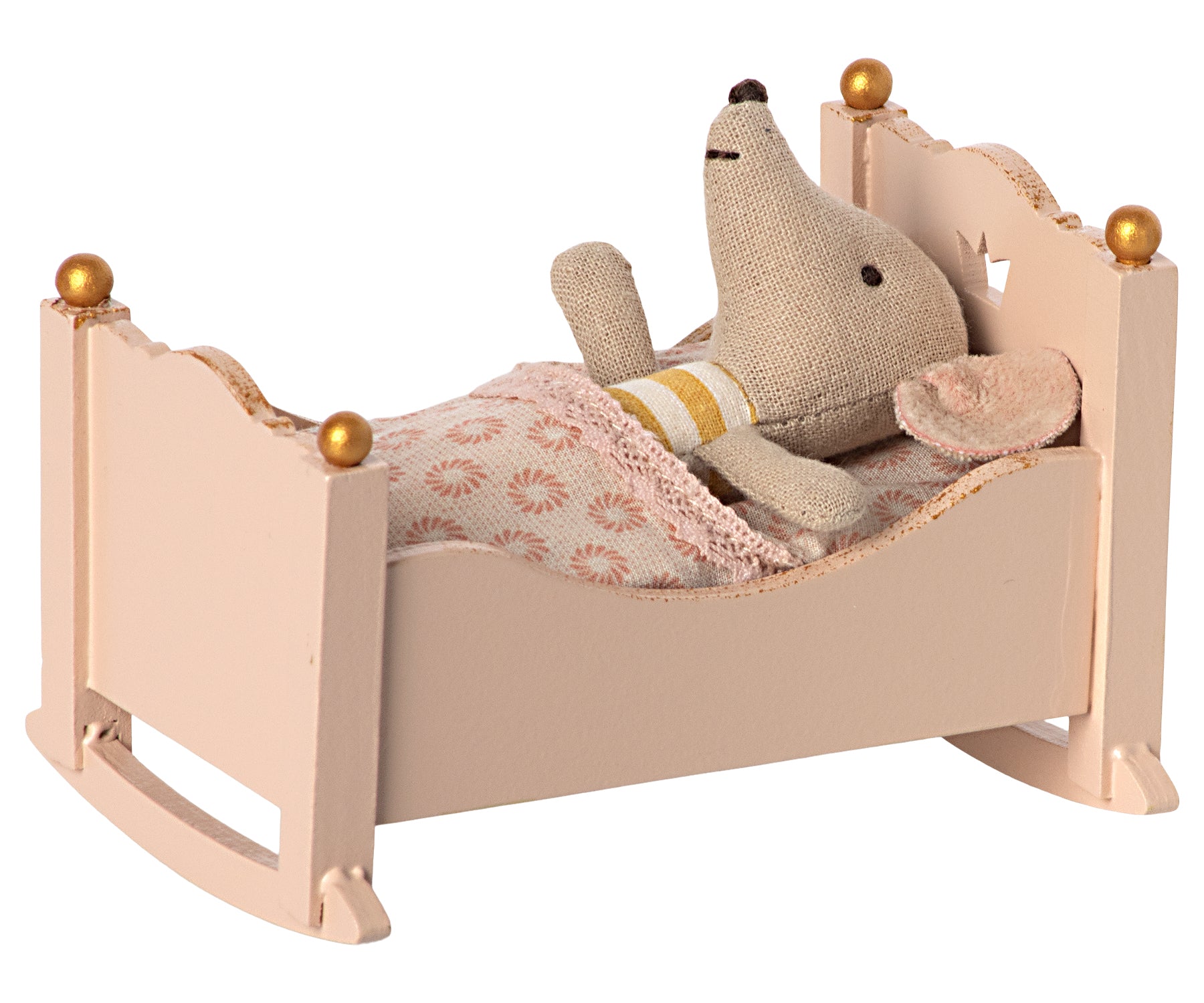 Maileg Miniature Wooden Cradle with Sleeping Bag – Rose