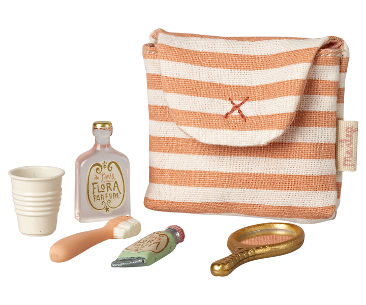 Maileg Miniature Mouse Toothbrush Set in Bag – Coral Stripe