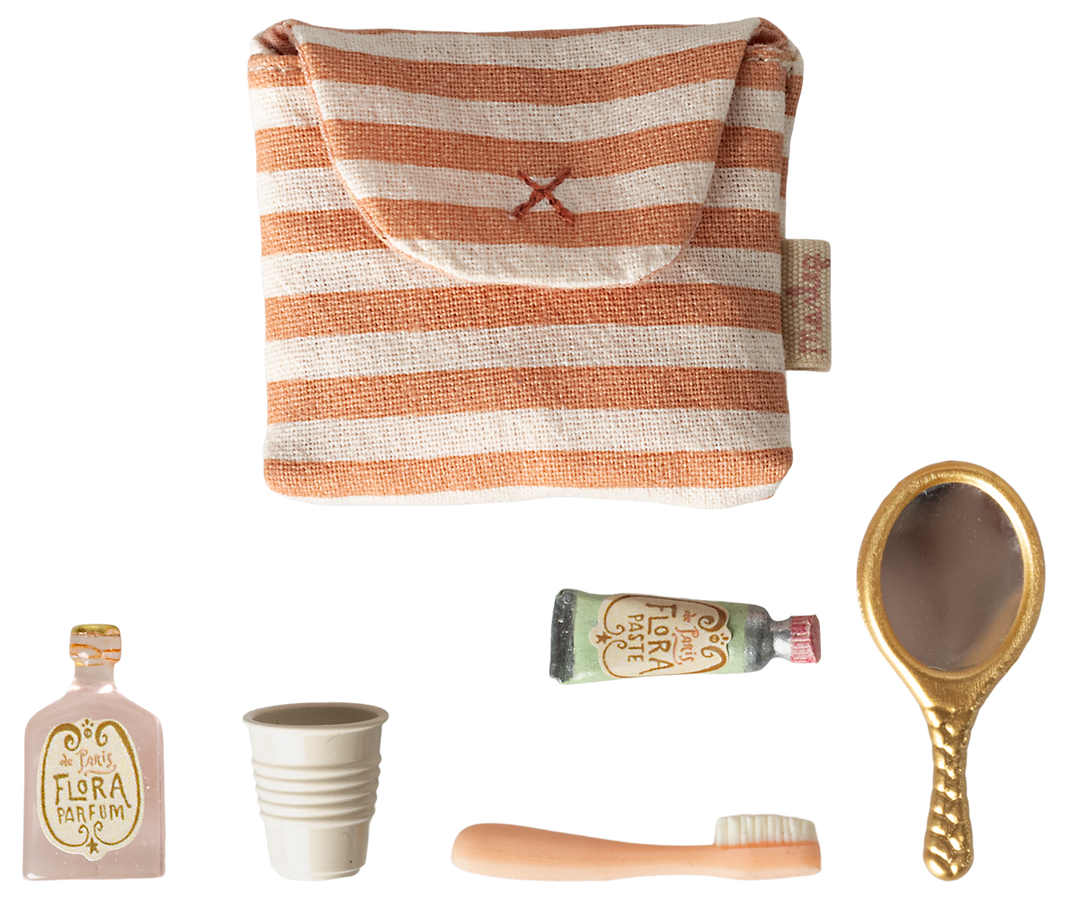Maileg Miniature Mouse Toothbrush Set in Bag – Coral Stripe