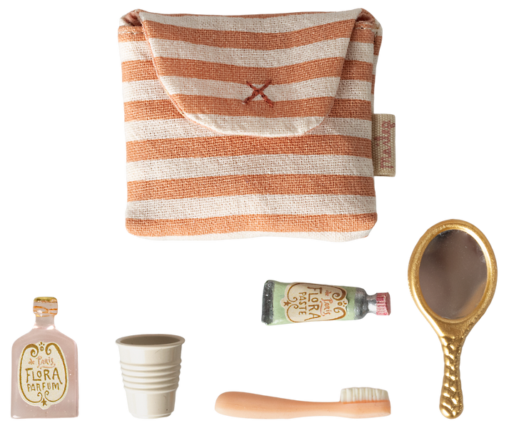 Maileg Miniature Mouse Toothbrush Set in Bag – Coral Stripe