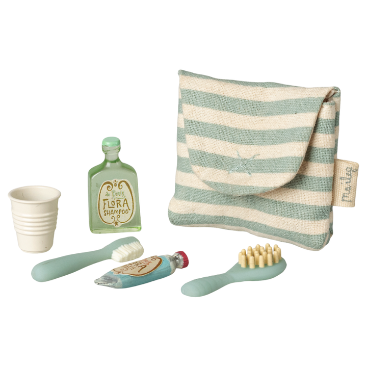 Maileg Miniature Mouse Toothbrush Set in Bag – Blue Stripe
