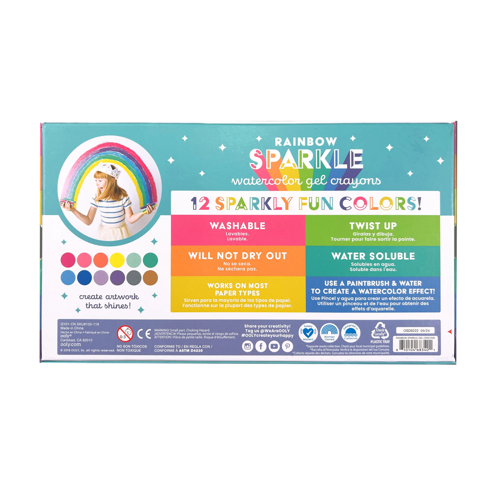 OOLY Rainbow Sparkle Metallic Watercolour Gel Washable Crayons (Set of 12)