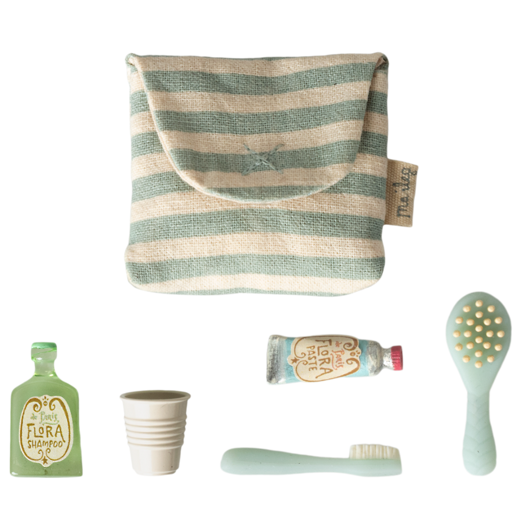 Maileg Miniature Mouse Toothbrush Set in Bag – Blue Stripe