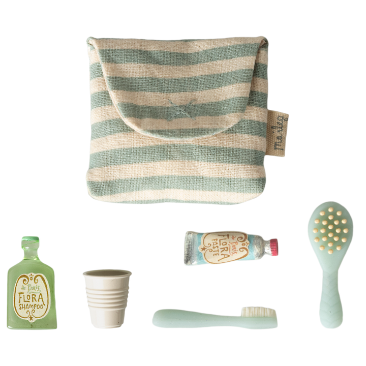 Maileg Miniature Mouse Toothbrush Set in Bag – Blue Stripe