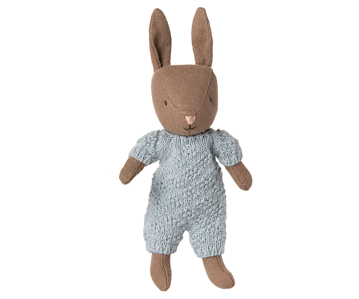 Maileg Micro Brown Rabbit with Knitted Suit – Blue