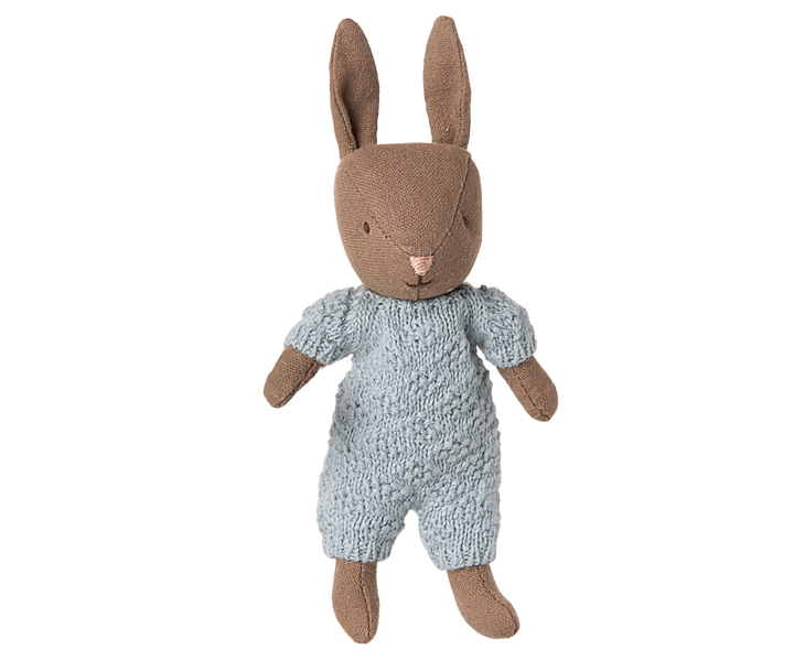 Maileg Micro Brown Rabbit with Knitted Suit – Blue