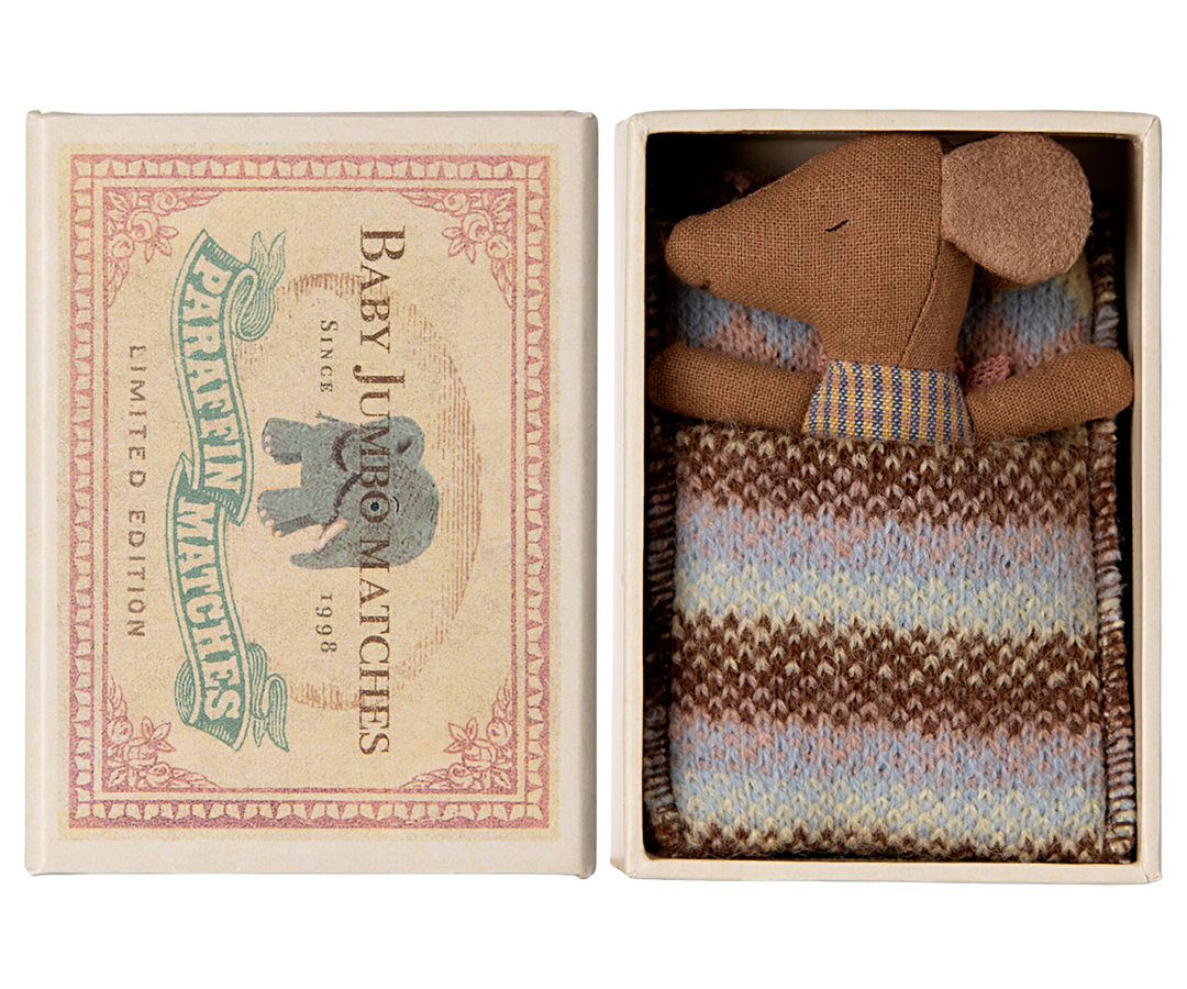 Maileg Sleepy Wakey Baby Mouse in Matchbox – Rose