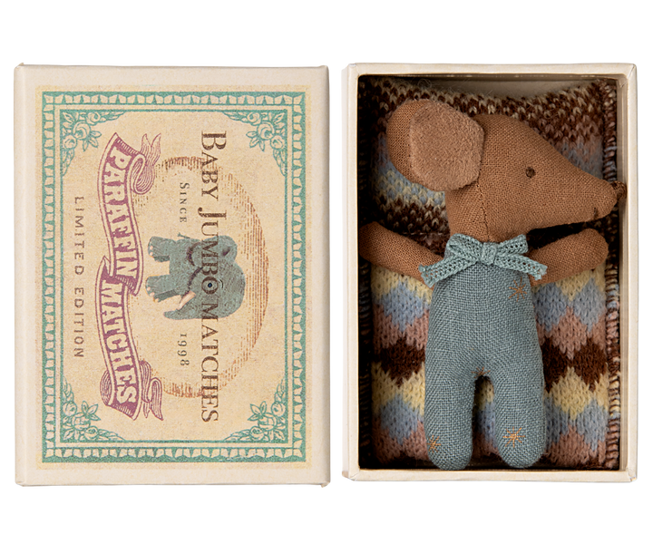 Maileg Sleepy Wakey Baby Mouse in Matchbox – Blue