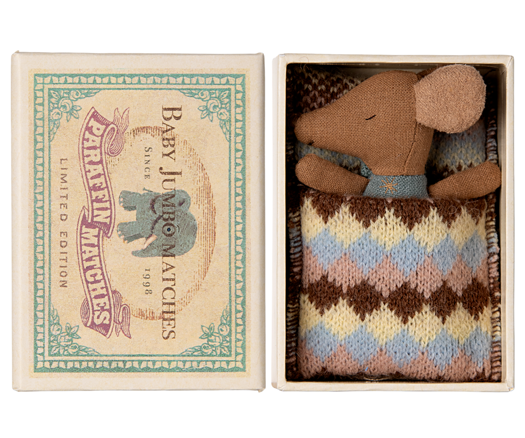 Maileg Sleepy Wakey Baby Mouse in Matchbox – Blue