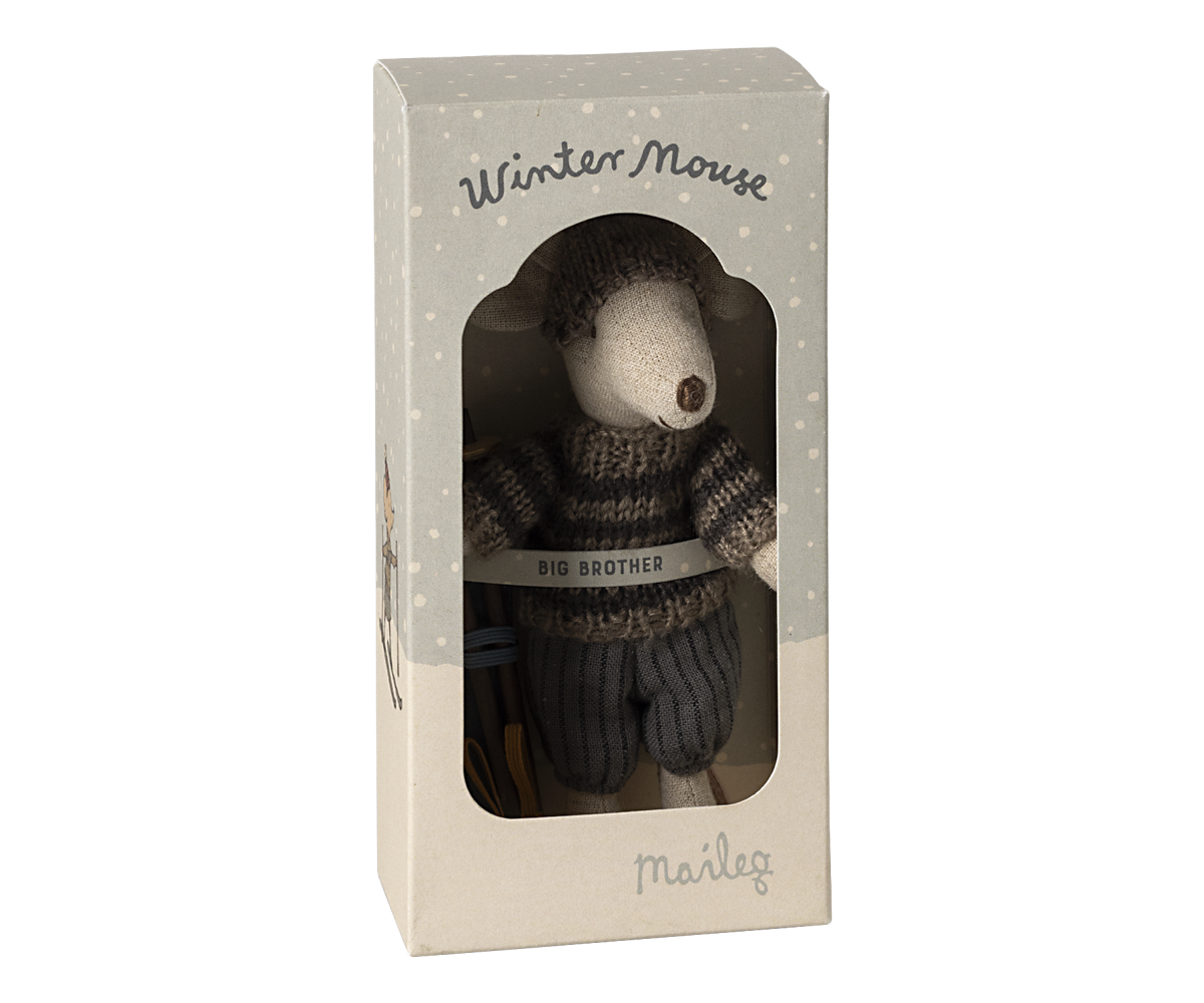 Maileg Grey Winter Mouse with Ski Set – Big Brother