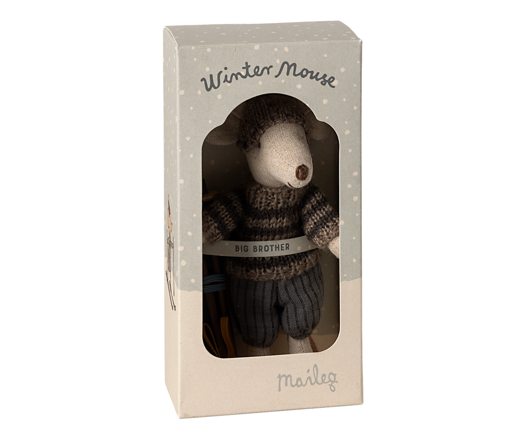 Maileg Grey Winter Mouse with Ski Set – Big Brother