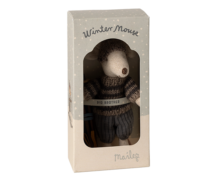 Maileg Grey Winter Mouse with Ski Set – Big Brother