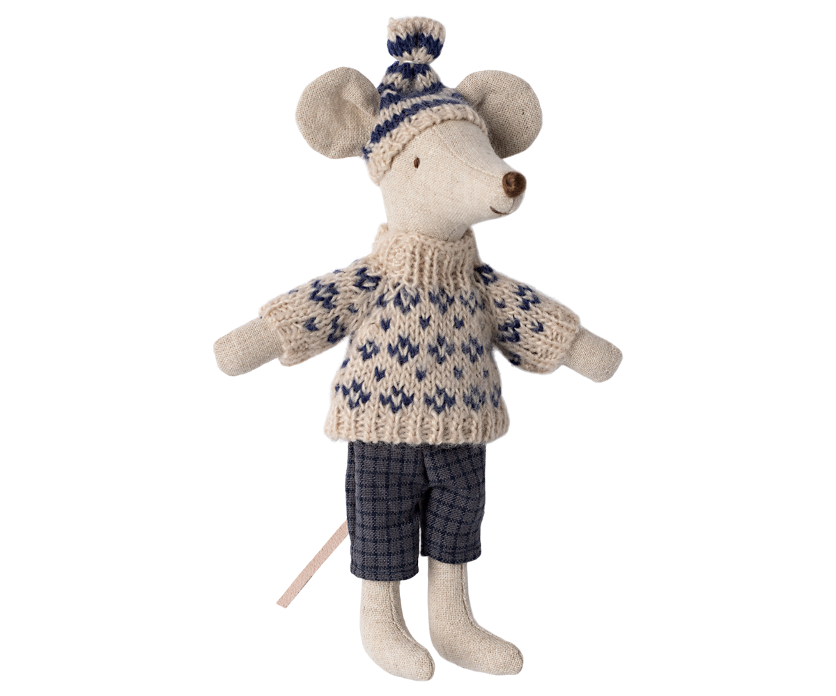 Maileg Blue Winter Mouse with Ski Set – Dad