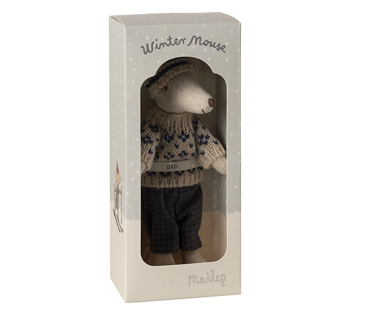 Maileg Blue Winter Mouse with Ski Set – Dad