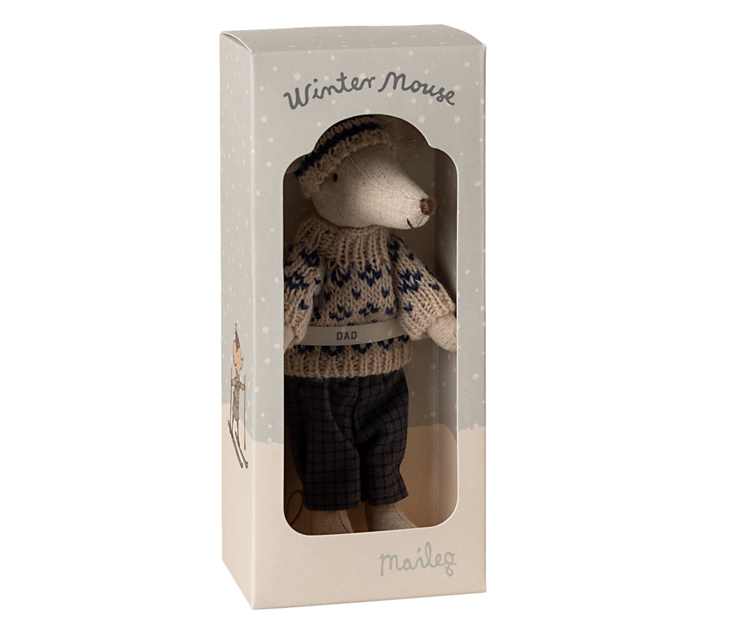 Maileg Blue Winter Mouse with Ski Set – Dad
