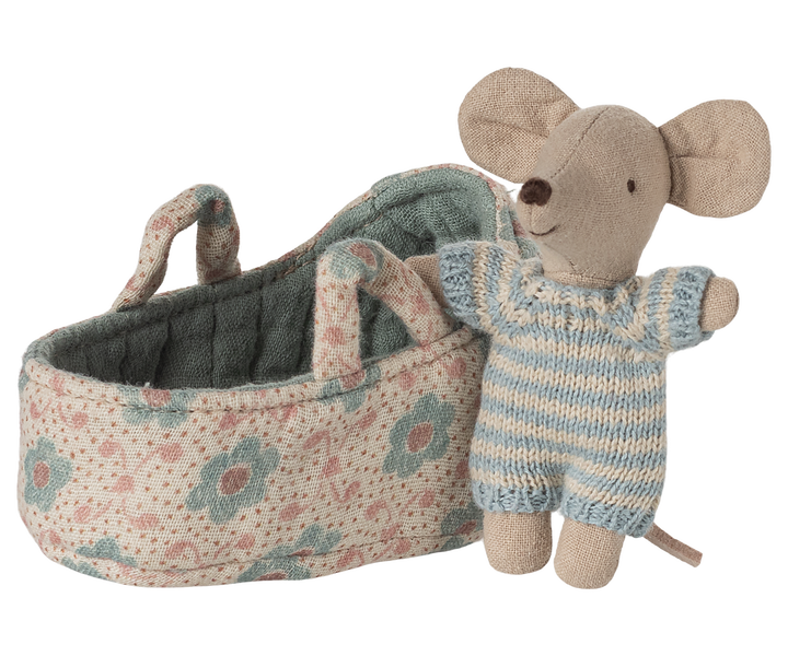 Maileg Baby Mouse in Carry Cot – Blue