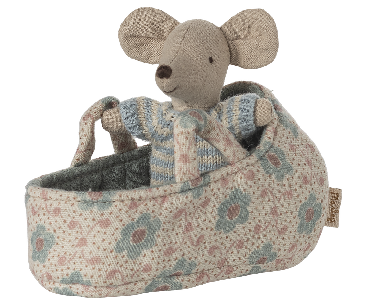 Maileg Baby Mouse in Carry Cot – Blue