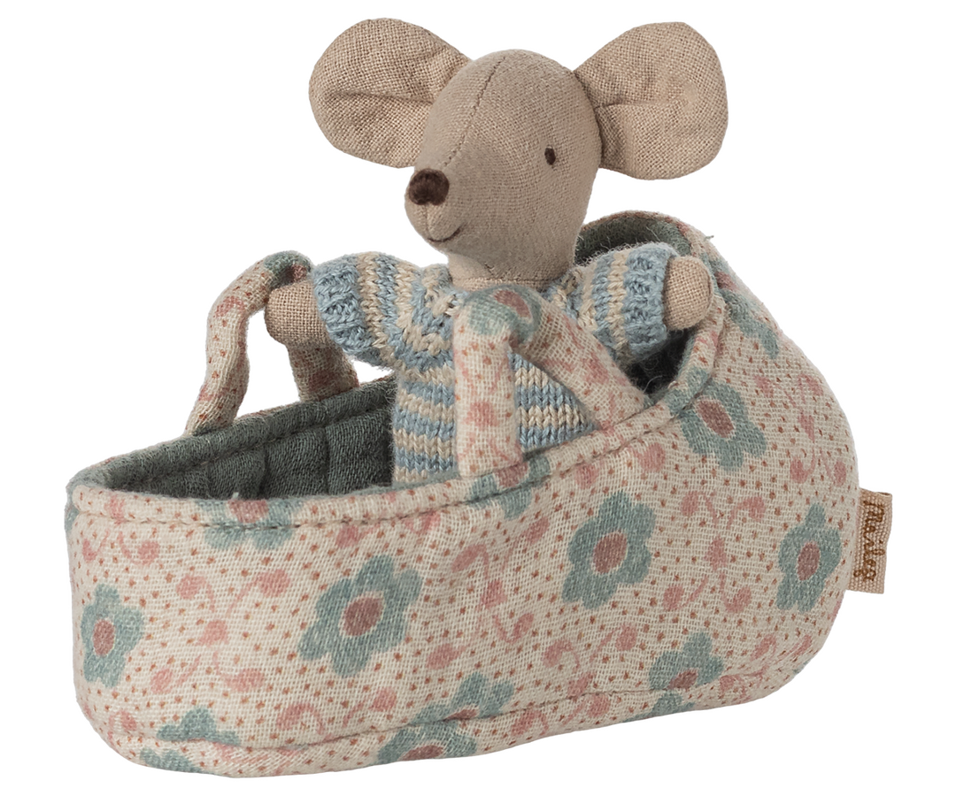 Maileg Baby Mouse in Carry Cot – Blue