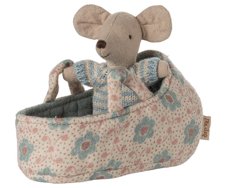 Maileg Baby Mouse in Carry Cot – Blue