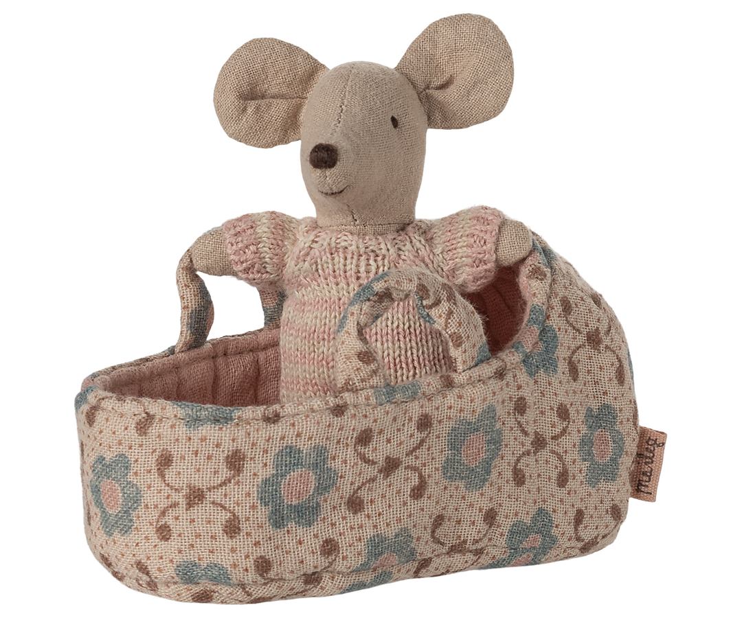 Maileg Baby Mouse in Carry Cot – Rose