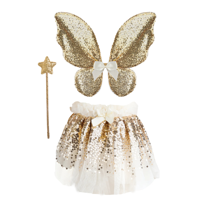 Great Pretenders Gracious Gold Sequins Skirt, Wings and Wand Play Costume Set