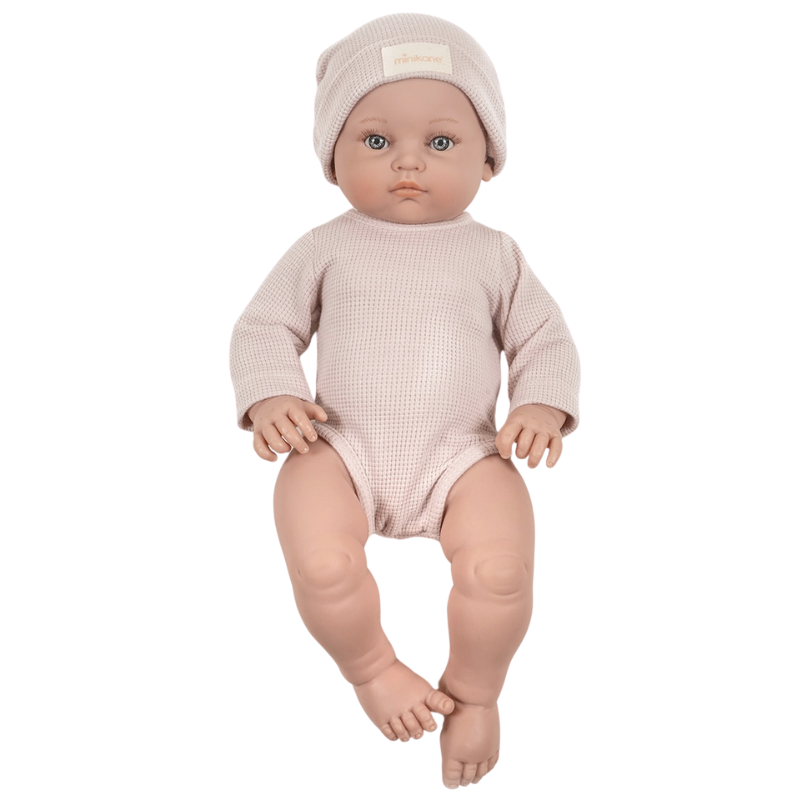 Minikane Newborn Baby Doll Andréa Bodysuit & Honeycomb Hat Set – Petal
