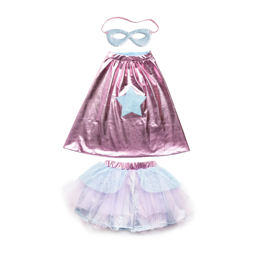 Great Pretenders Super-Duper Tutu Skirt, Cape &amp; Mask Play Costume Set – Metallic Pink &amp; Light Blue