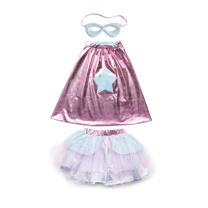 Great Pretenders Super-Duper Tutu Skirt, Cape &amp; Mask Play Costume Set – Metallic Pink &amp; Light Blue