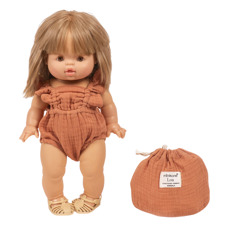 Minikane Baby Doll Lou Retro Romper with Pouch – Marsala