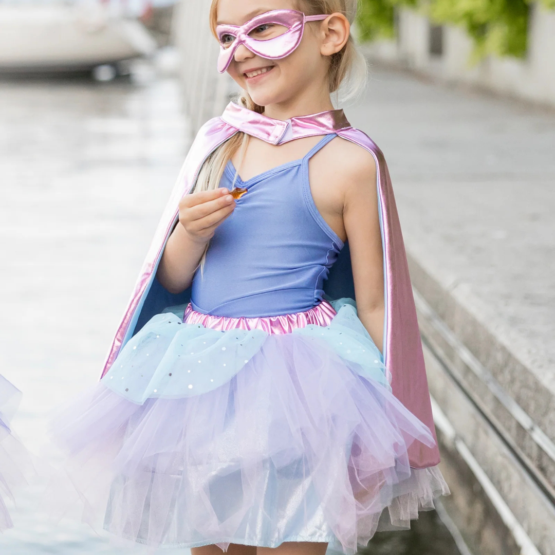 Great Pretenders Super-Duper Tutu Skirt, Cape &amp; Mask Play Costume Set – Metallic Pink &amp; Light Blue