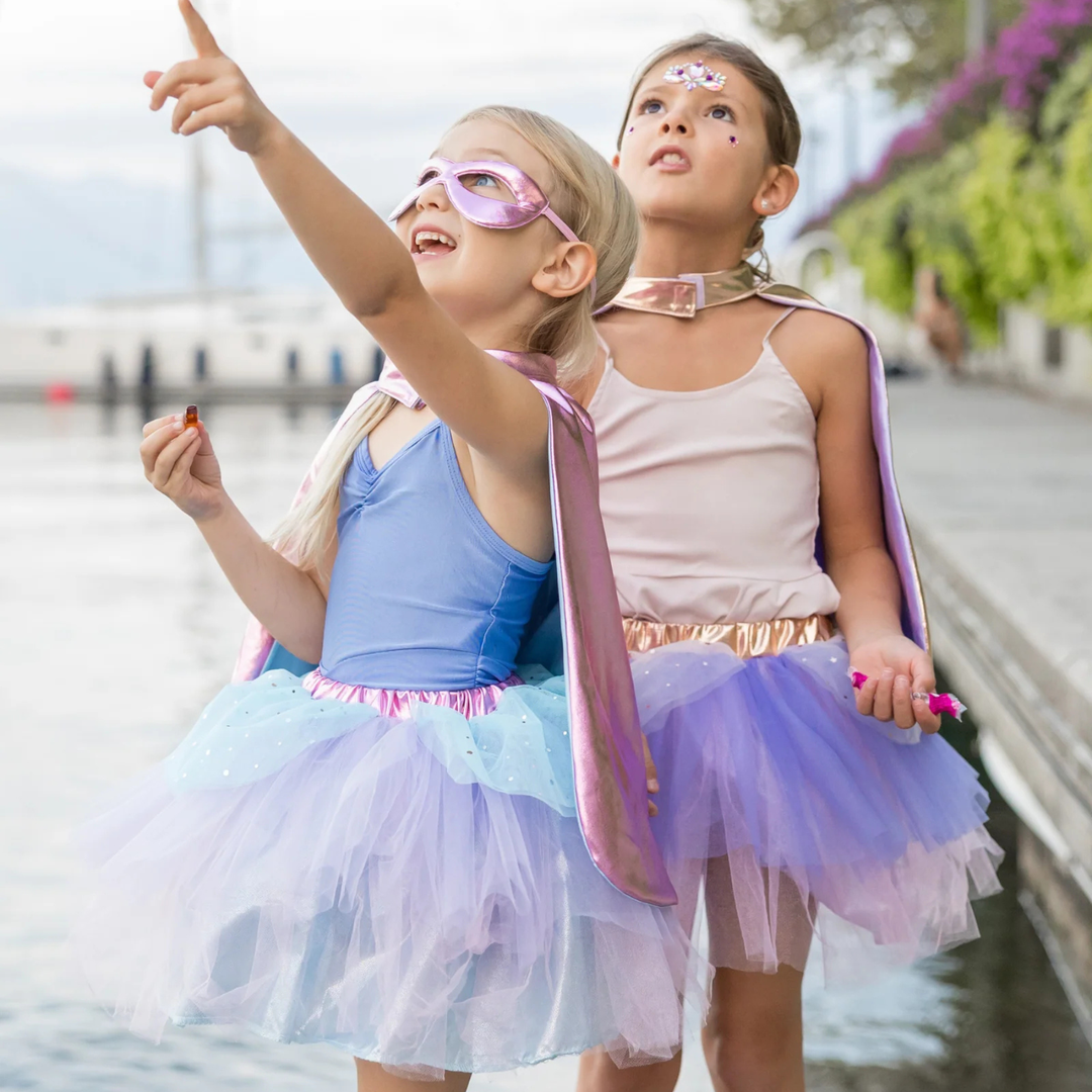 Great Pretenders Super-Duper Tutu Skirt, Cape &amp; Mask Play Costume Set – Metallic Pink &amp; Light Blue