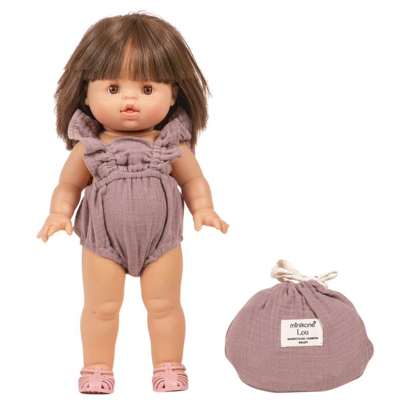 Minikane Baby Doll Lou Retro Romper with Pouch – Pebble