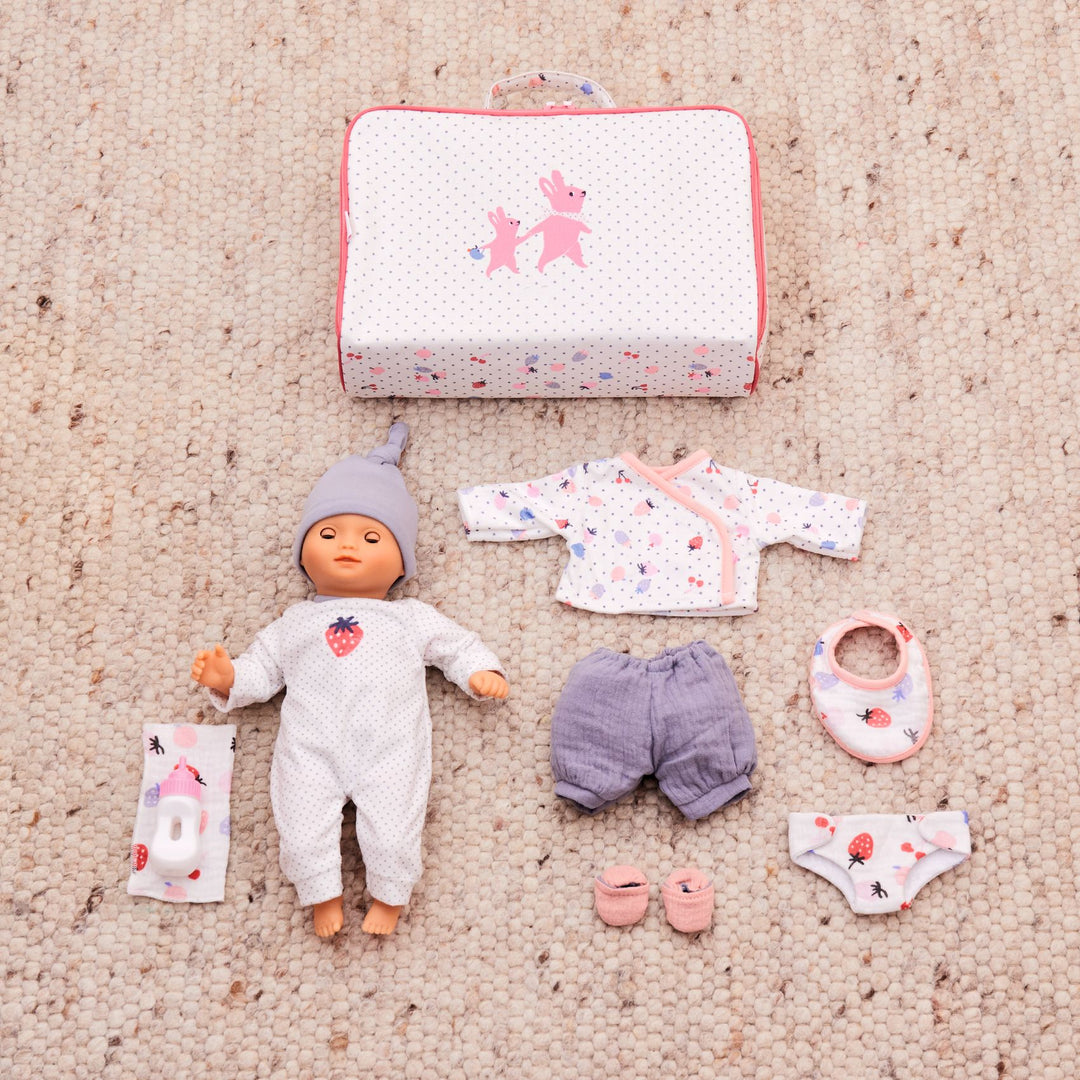 Djeco Pomea Soft Body Baby Girl Doll with Suitcase &amp; Accessories – Vanille