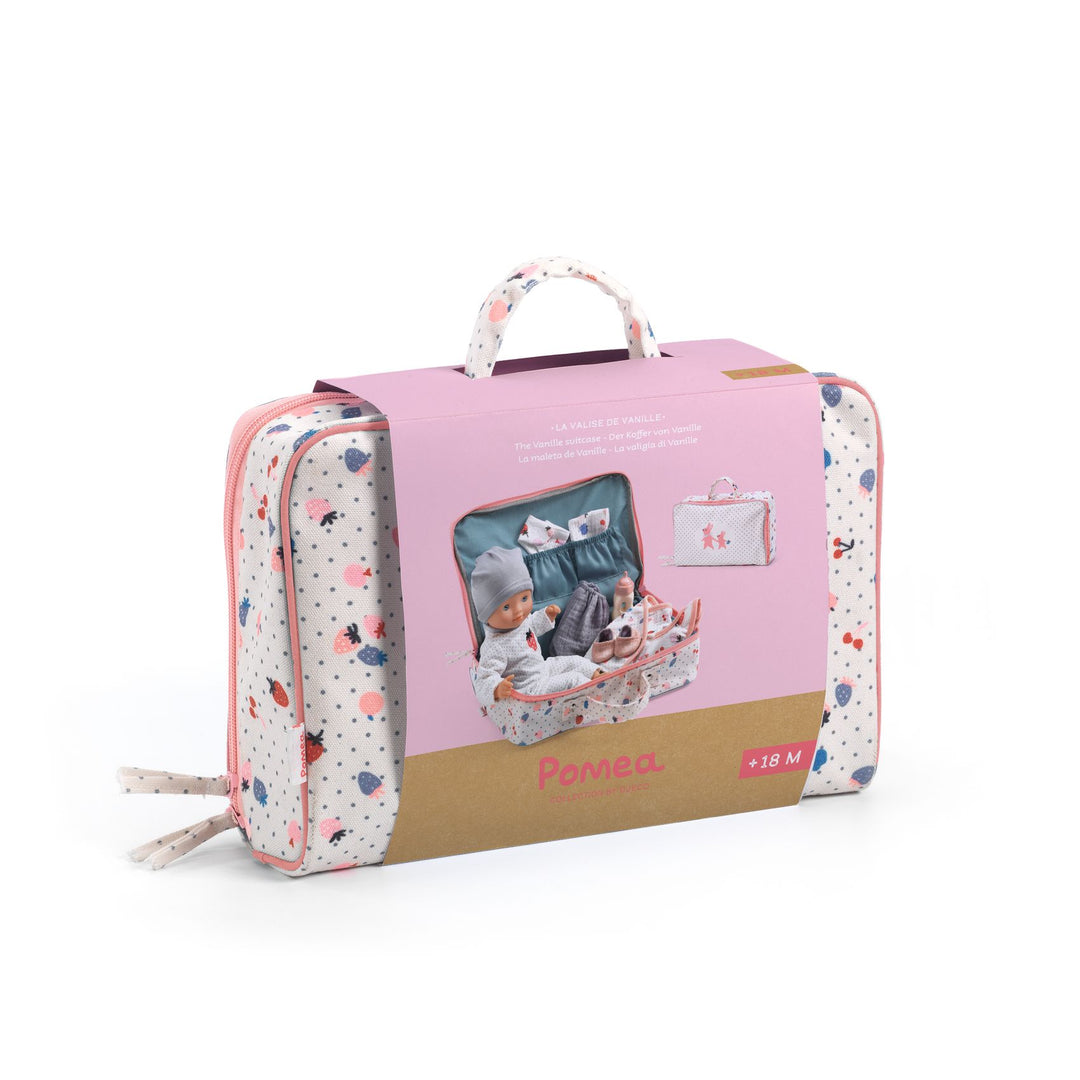Djeco Pomea Soft Body Baby Girl Doll with Suitcase &amp; Accessories – Vanille