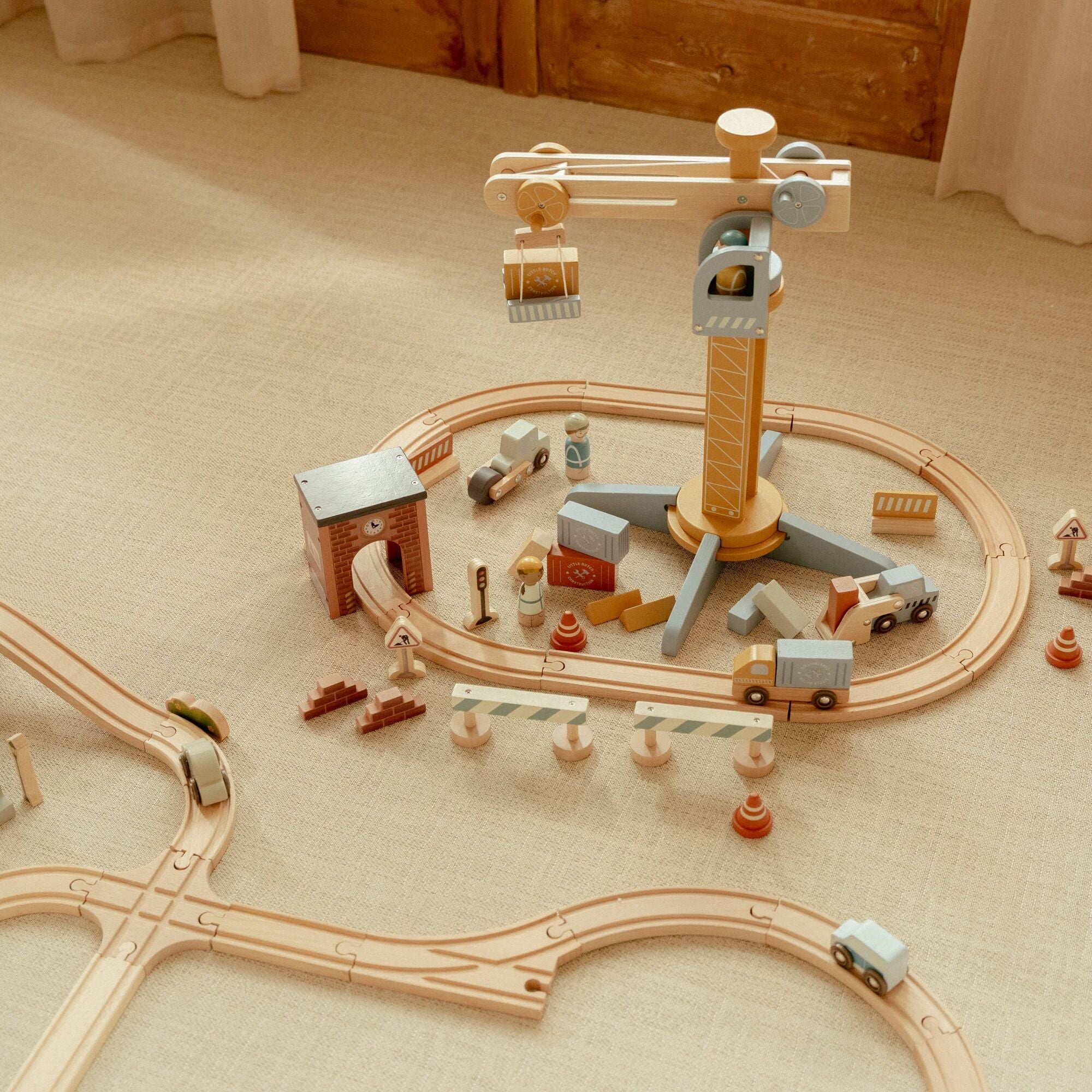 Little Dutch Wooden Train Track Crane Playset
