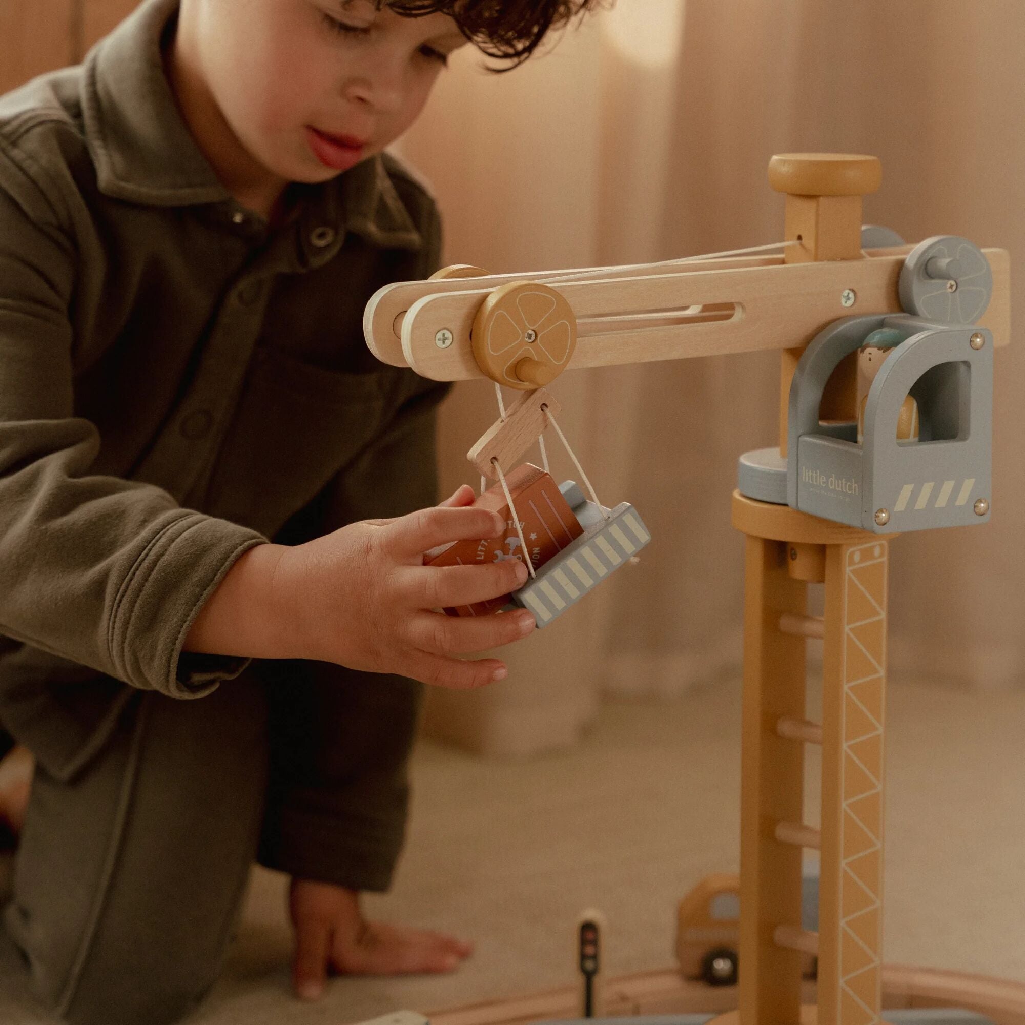 Little Dutch Wooden Train Track Crane Playset