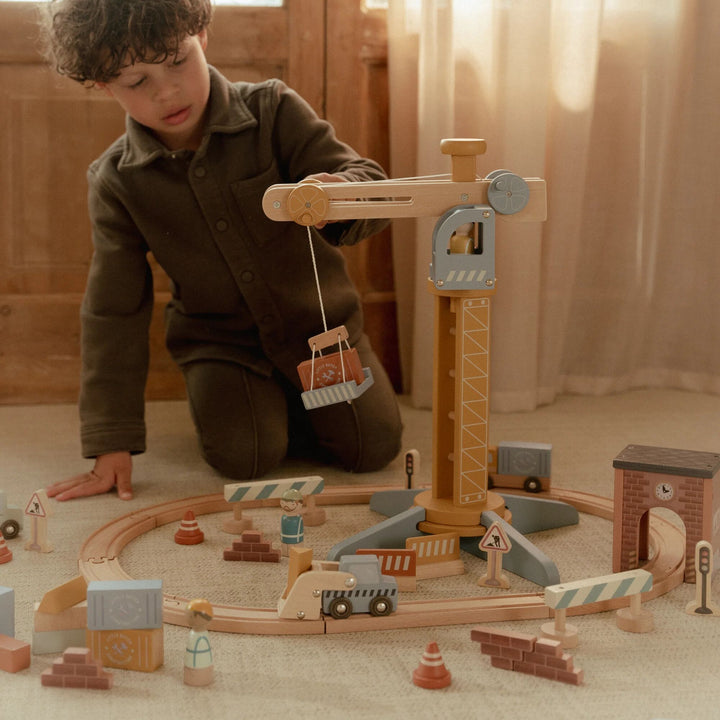 Little Dutch Wooden Train Track Crane Playset