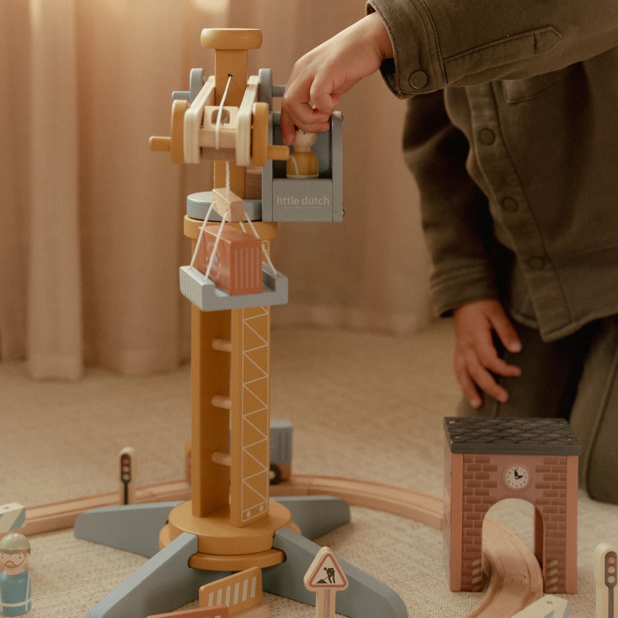 Little Dutch Wooden Train Track Crane Playset