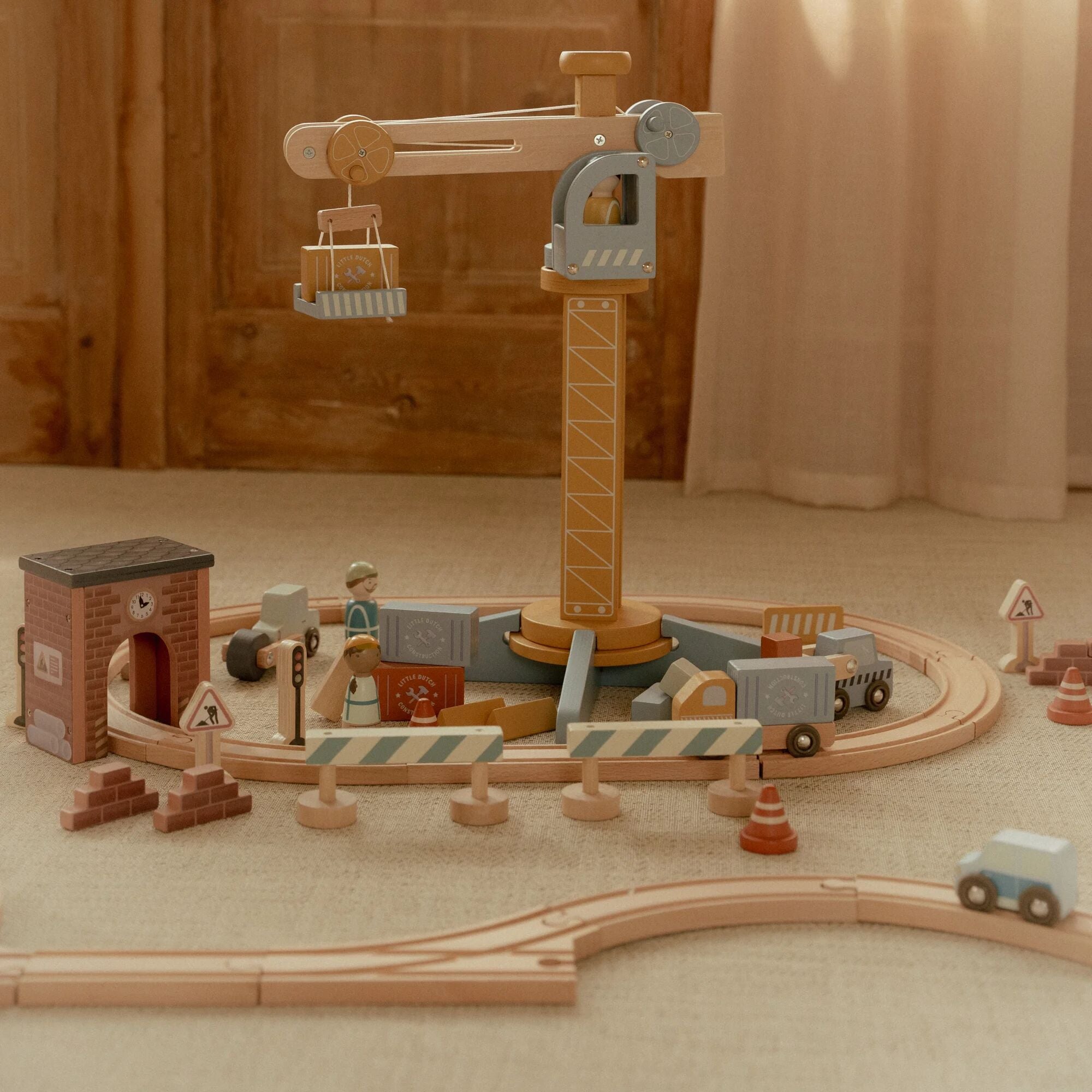 Little Dutch Wooden Train Track Crane Playset