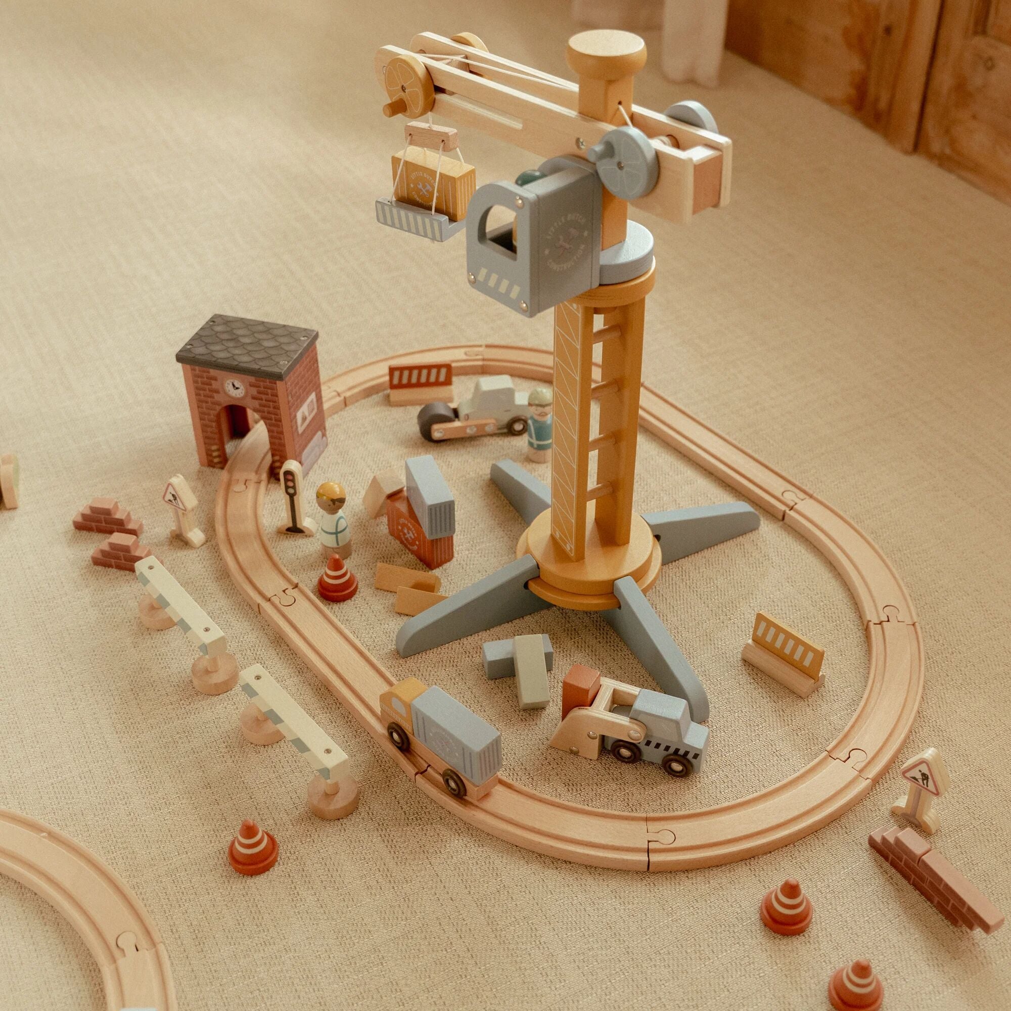 Little Dutch Wooden Train Track Crane Playset