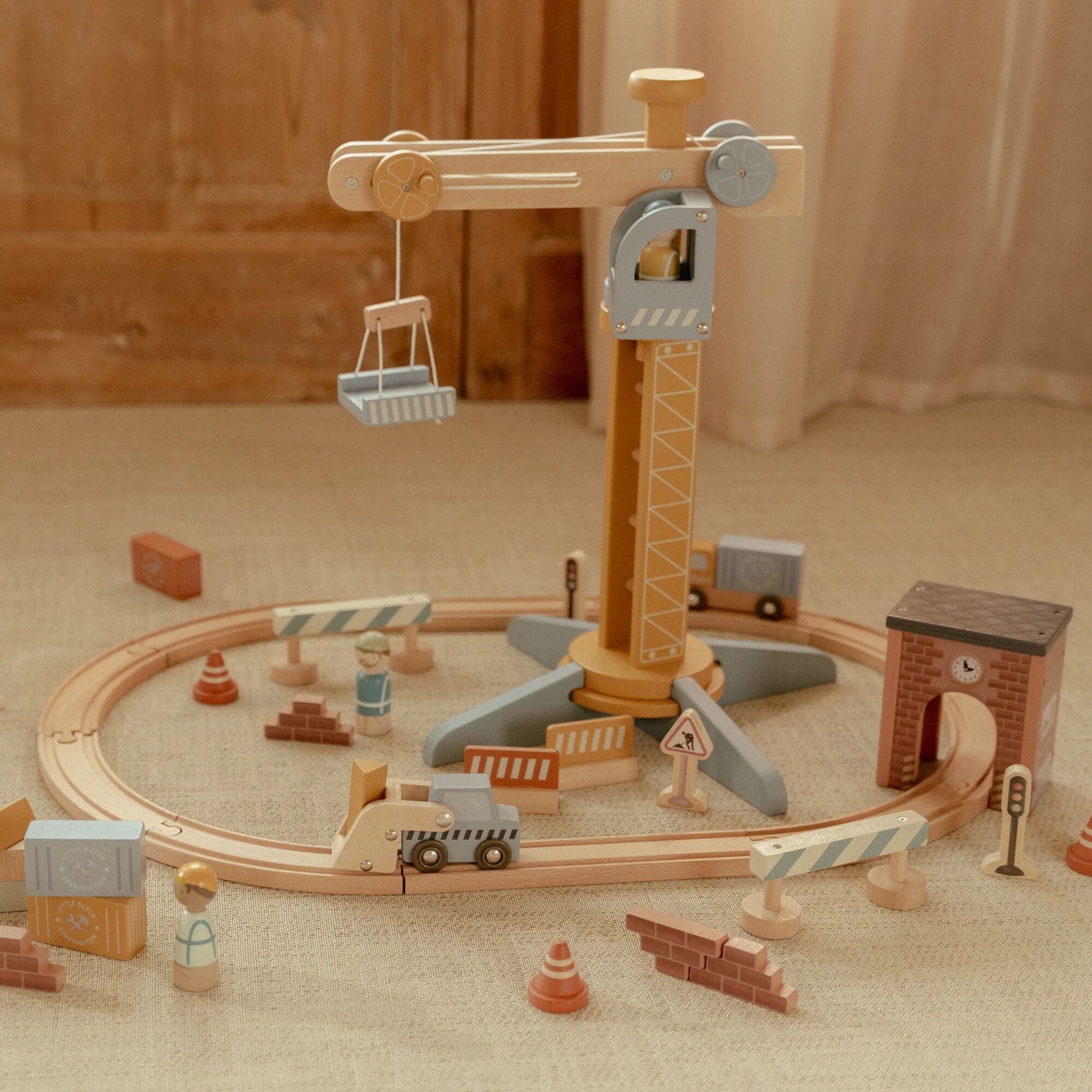 Little Dutch Wooden Train Track Crane Playset
