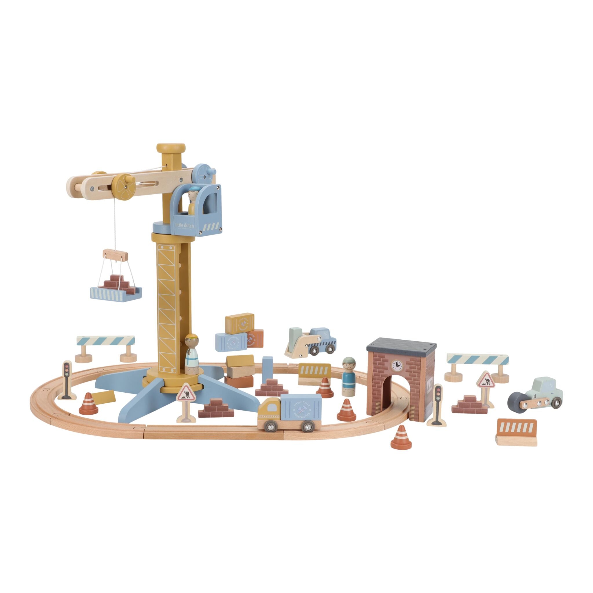 Little Dutch Wooden Train Track Crane Playset