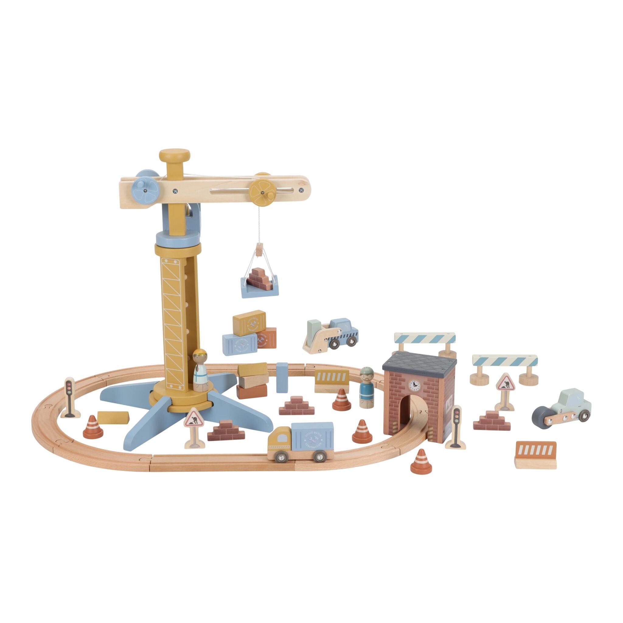Little Dutch Wooden Train Track Crane Playset