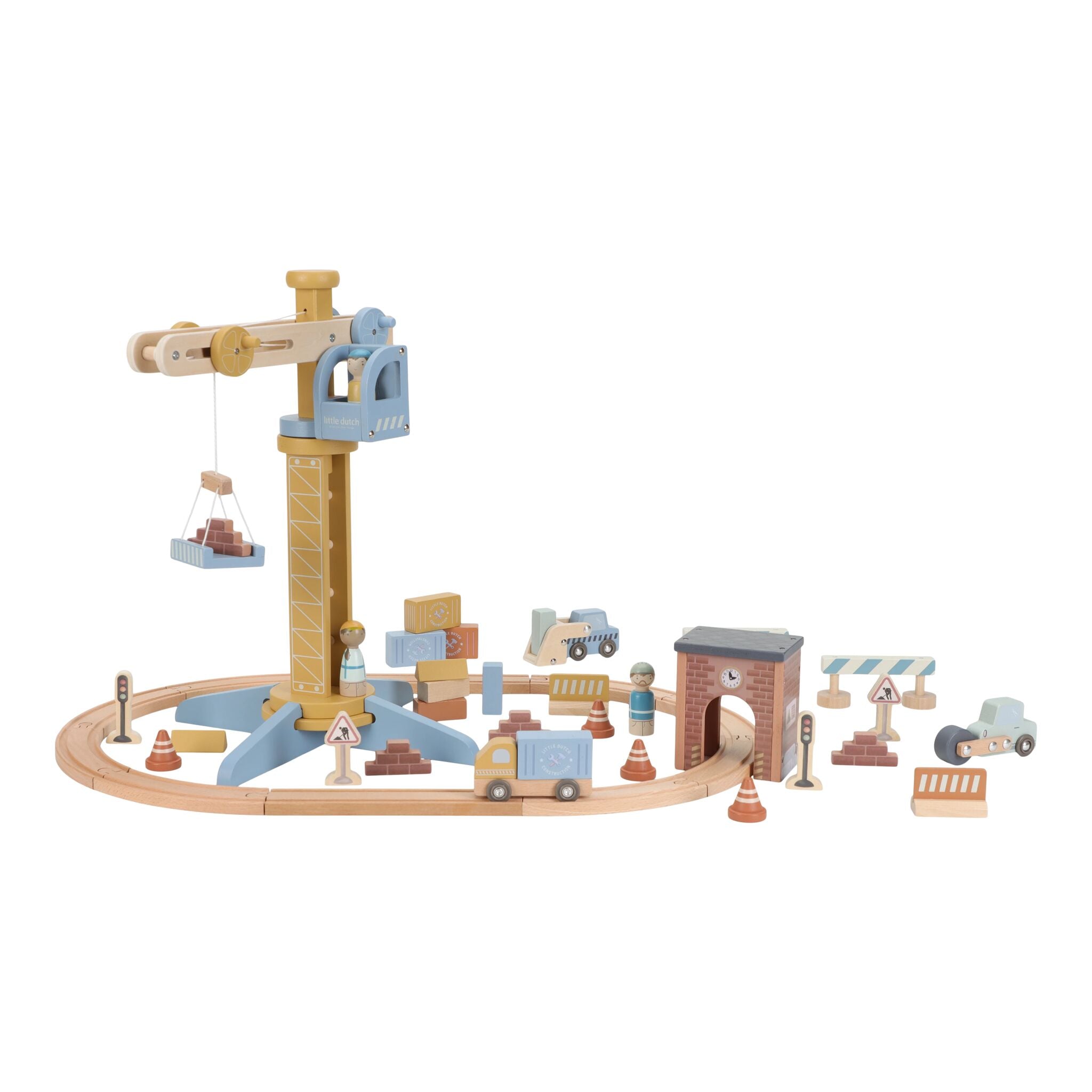 Little Dutch Wooden Train Track Crane Playset