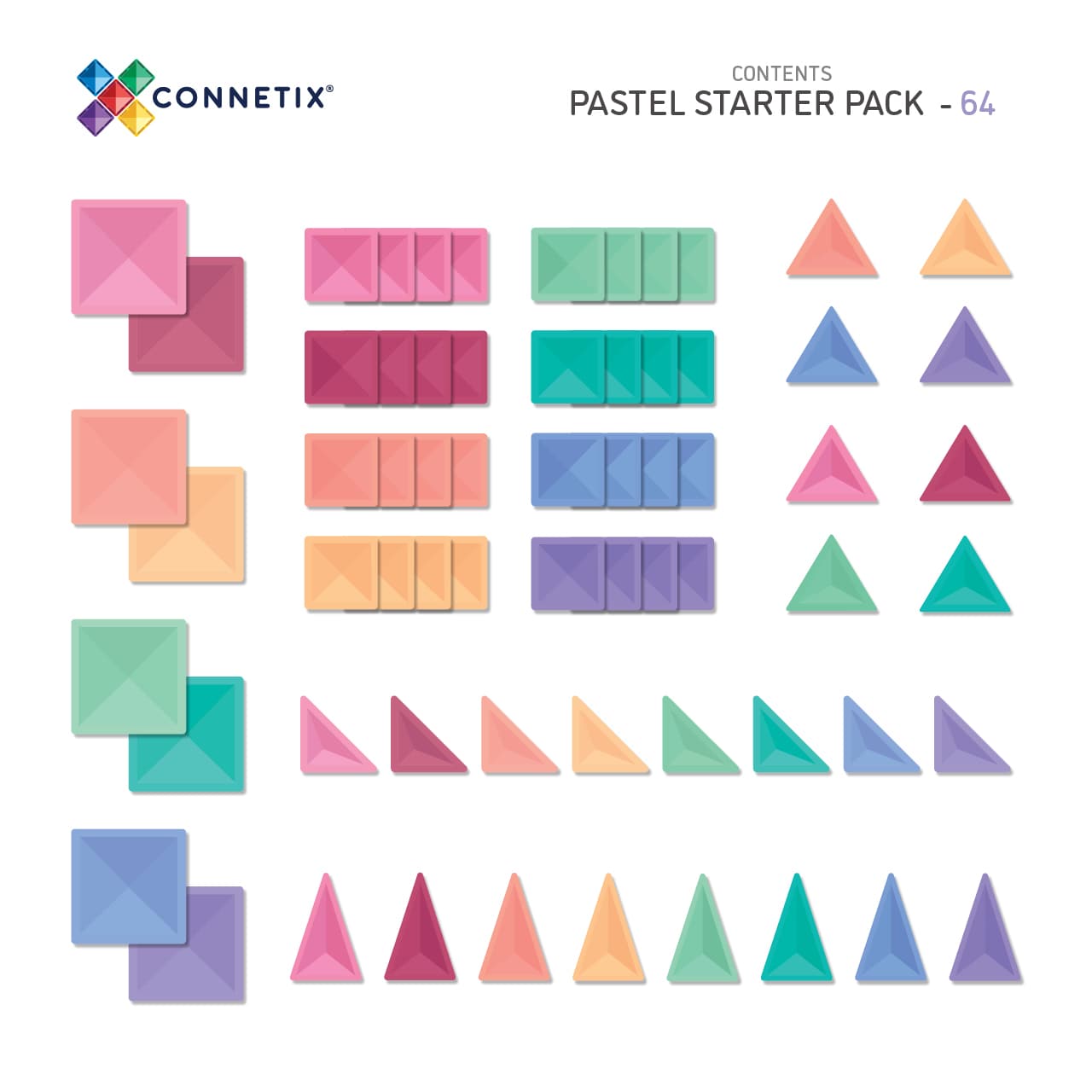 Connetix Tiles Magnetic Building Tiles Pastel Starter Pack – 64 Piece