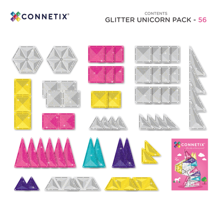 Connetix Tiles Magnetic Building Tiles Glitter Unicorn Pack – 56 Piece