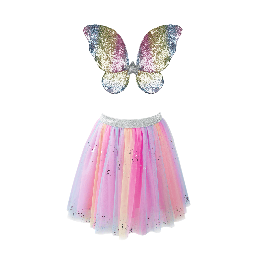 Great Pretenders Rainbow Sequins Skirt with Fairy Wings & Wand Play Costume Set