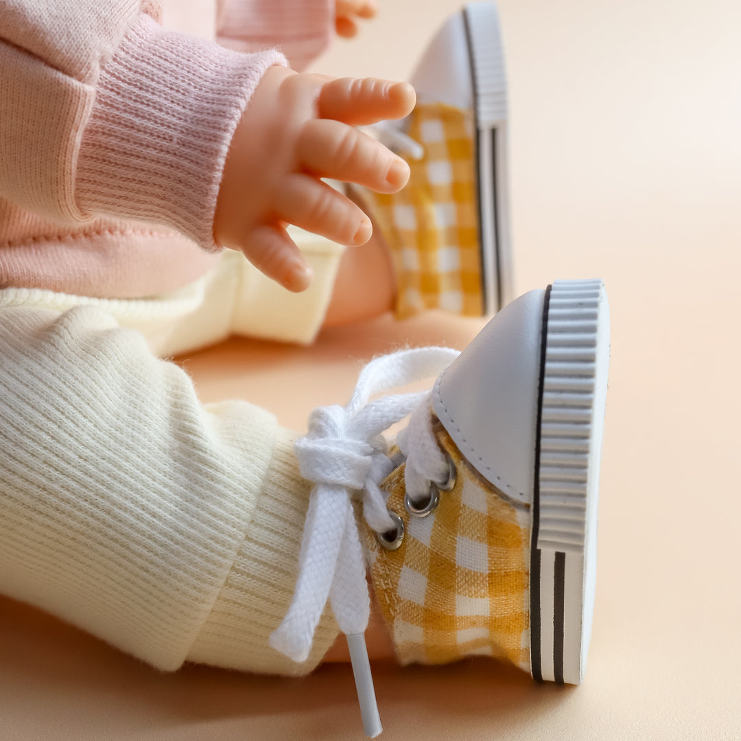 Tiny Harlow Tiny Tootsies Gingham Casual Doll Sneakers – Mustard
