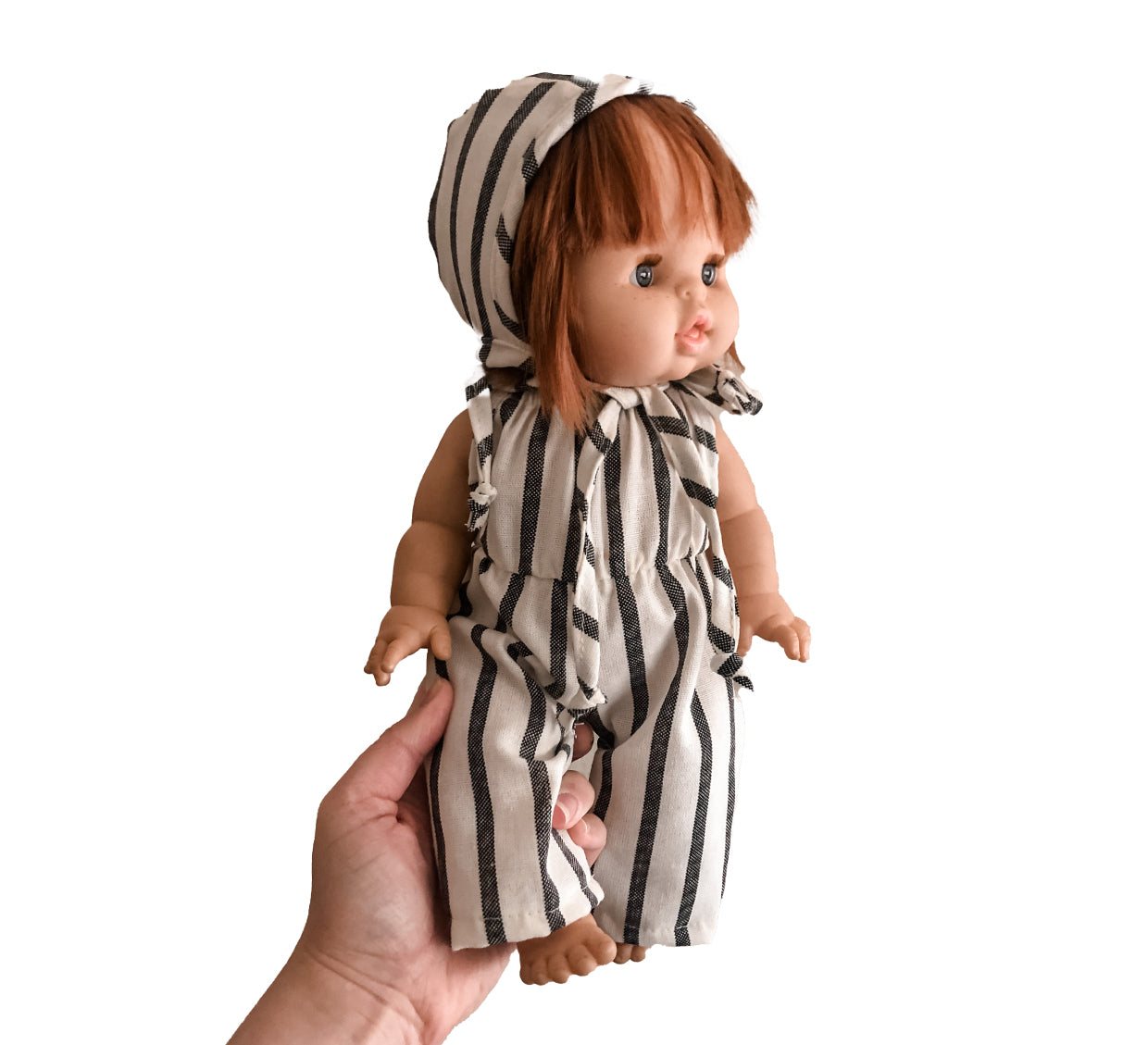 Nomad & Grace Minikane Baby Doll Autumn Romper with Bonnet – Pinstripe